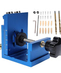 Premium Pocket Hole Jig Kit Featuring Adjustable 15 Degree Drill Guide And Dual Scale Slider For Hella Tight Joints In Woodworking and Furniture Assembly, showing aluminum jig with drill bits and screws.