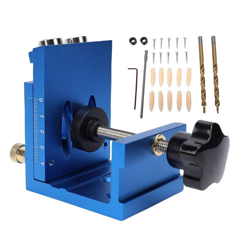 Premium Pocket Hole Jig Kit Featuring Adjustable 15 Degree Drill Guide And Dual Scale Slider For Hella Tight Joints In Woodworking and Furniture Assembly, showing aluminum jig with drill bits and screws.