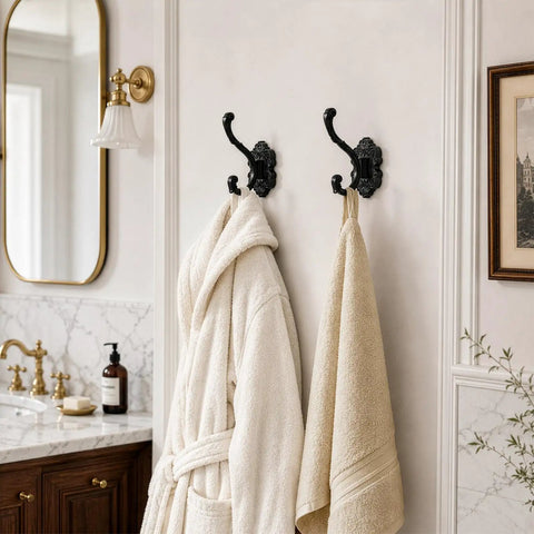 Solid Build Vintage Black Wall Hooks Heavy Duty Coat And Towel Rack Four Pack holding a white robe and towel in a bathroom.