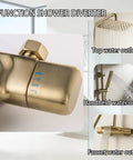Rain Shower System with 10" Rainfall Head & Thermostatic Faucet shows 3 function diverter for wall mounted brass set.