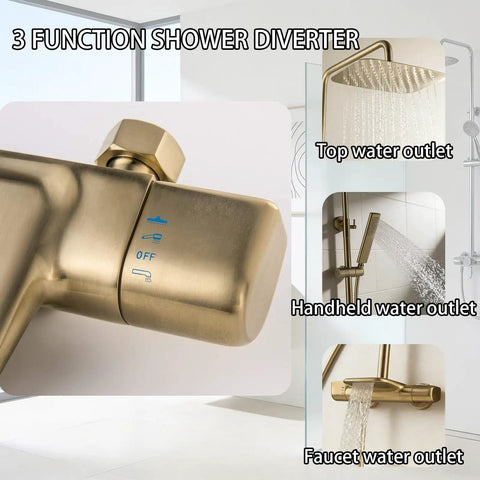 Rain Shower System with 10" Rainfall Head & Thermostatic Faucet shows 3 function diverter for wall mounted brass set.