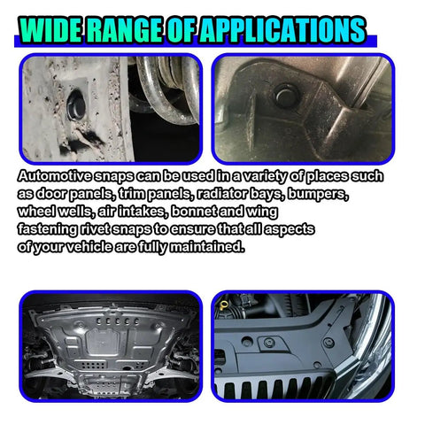 Close-ups of automotive snap fasteners in various applications, part of Heavy Duty 35 Piece Auto Engine Splash Shield Fastener Kit.