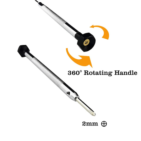2mm screwdriver from the Fingerboard Maintenance Kit with long handle and 360° rotating feature for deck and truck mounting.