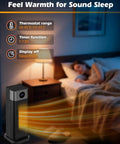 Portable 1500W Indoor Space Heater with remote by a sleeping person in bedroom, digital thermostat displayed