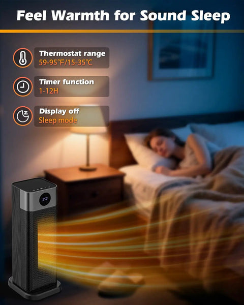 Portable 1500W Indoor Space Heater with remote by a sleeping person in bedroom, digital thermostat displayed