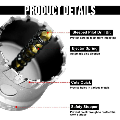 SALI 7/8-inch hole saw kit with tungsten carbide tipped teeth and titanium-plated pilot drill bit; inner view with ejector spring