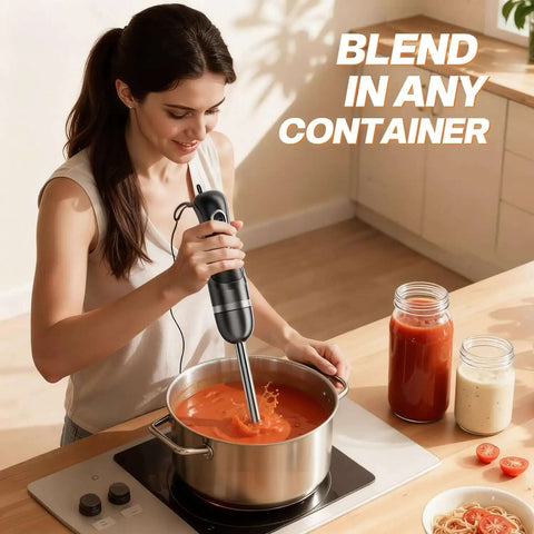 Game Changer Corded Immersion Blender Powered By 400 Watt Copper Motor With Two Adjustable Speeds For Buttery Smooth Soups Quick Gravies And Tender Baby Purees Bpa Free in use blending tomato soup