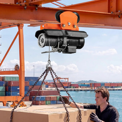 Heavy Duty Electric Hoist Trolley Workhorse 1 Ton Capacity lifting cargo at shipping yard