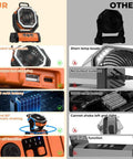 Comparison of portable camping fan with 20000mAh battery and LED lantern against other models, showing features and benefits.