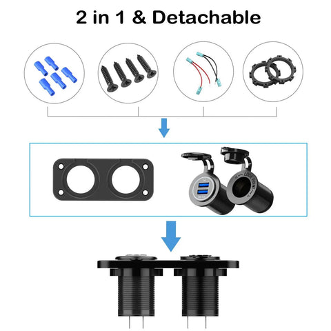 Road Ready Waterproof Cigarette Lighter Socket Splitter With Straight Up Beast Mode Charging QC 3.0 Dual Usb Ports And Sweet Blue Led Rocker Switch Panel showing 2 in 1 detachable design components.