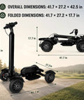 Foldable Electric Golf Push Cart With Cushioned Seat And Sturdy Umbrella Pole dimensions displayed on a golf course.