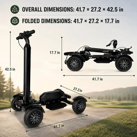 Foldable Electric Golf Push Cart With Cushioned Seat And Sturdy Umbrella Pole dimensions displayed on a golf course.