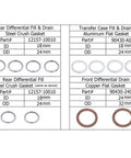 Diagram of Toyota Differential Drain Plug Crush Washers and Gaskets Kit showing sizes and part numbers for various parts.