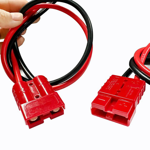 2 Pc 50A Battery Quick Connector Cables 1.64ft 8Awg Heavy Duty Electric Forklift Charging Plugs With O Ring in red and black.