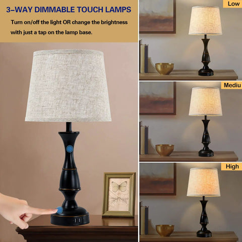 Table Lamps Set Of 2 With Touch Control And USB Ports, 3 Way Dimmable Bedside Lamps For Bedroom, Living Room, Black Finish