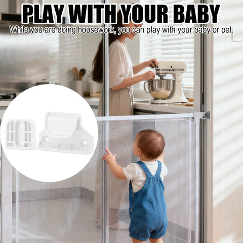 Retractable Baby Safety Gate Replacement Parts Kit White Quick Fit Latch and Bracket for hassle-free installation.