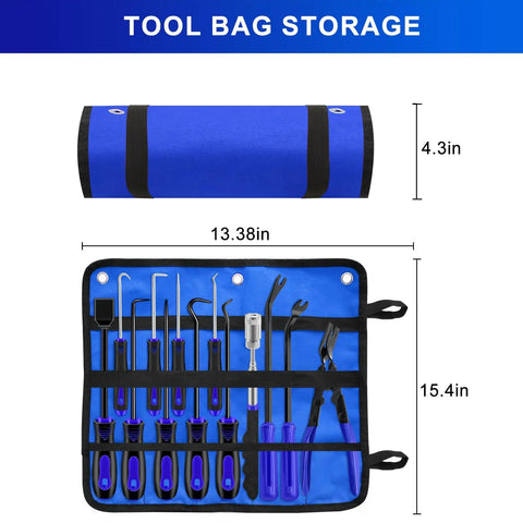 13 Piece Precision Hook And Pick Tool Set With Clip Removal Plier Rivet Puller Fastener Remover and case open and closed state shown