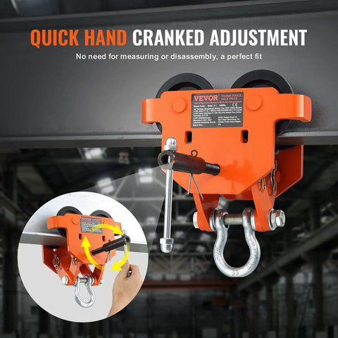 Beefy Manual Beam Trolley For 2 Ton Load, Dual Wheel Push Trolley with quick hand-cranked adjustment on I beam