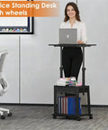 Woman using Height Adjustable Standing Desk On Wheels With Drawer And Storage, Rolling Laptop Desk For Home Office in office setting