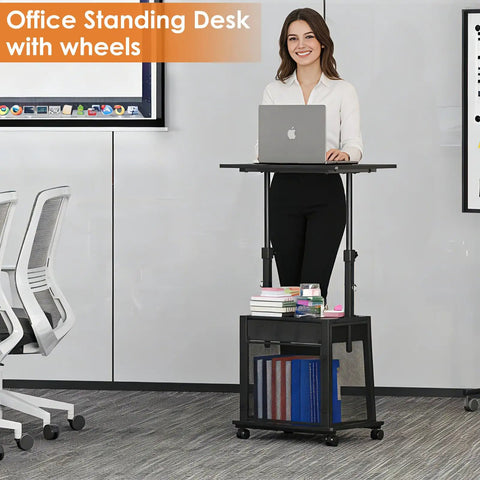 Woman using Height Adjustable Standing Desk On Wheels With Drawer And Storage, Rolling Laptop Desk For Home Office in office setting