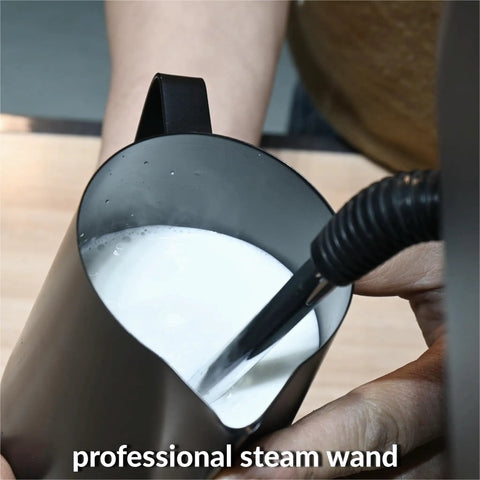 Professional steam wand frothing milk with commercial grade two group espresso machine in stainless steel finish
