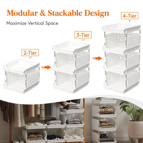Four Tier Stackable Storage Bins For Kitchen Pantry RV And Home Organization With Dope Front Opening Design in white, different configurations