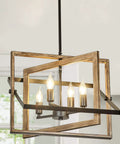 Four-Light Farmhouse Chandelier With Imitation Wood Grain And Matte Black Finish, adjustable swing arm in rustic setting