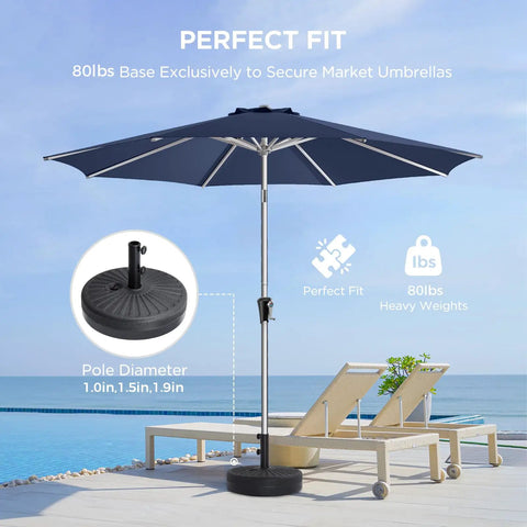 80 Pound Round Patio Umbrella Base With Fillable HDPE Weights For Outdoor Market Umbrellas Sturdy Heavy Duty Stand Fits 1.0 To 1.9 Inch Poles For 6 To 12 Foot Umbrellas Black with umbrella by pool