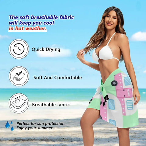 Woman wearing Pool Wrap Skirt Loose Fit Ultra Lightweight Polyester Beach Ready Cover Up For Summer on sandy beach