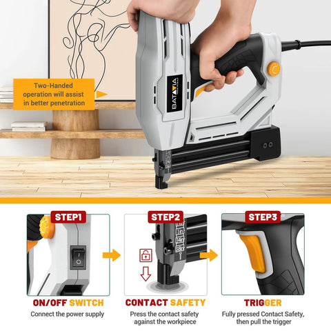 Badass Heavy Duty 2 In 1 Electric Nail Gun 18 Gauge Brad Nailer and Corded Stapler, close-up of trigger and safety features.
