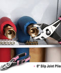 Pink 35 Piece Tools Set With Storage Toolbox For Home Garage Dorm And Apartment Essential Tool Kit For New House Projects And Back To School Prop 65 Safe Pink Ribbon Supports Helping Women Now showing close-up of slip joint plier