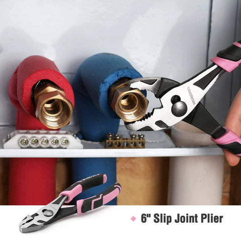 Pink 35 Piece Tools Set With Storage Toolbox For Home Garage Dorm And Apartment Essential Tool Kit For New House Projects And Back To School Prop 65 Safe Pink Ribbon Supports Helping Women Now showing close-up of slip joint plier