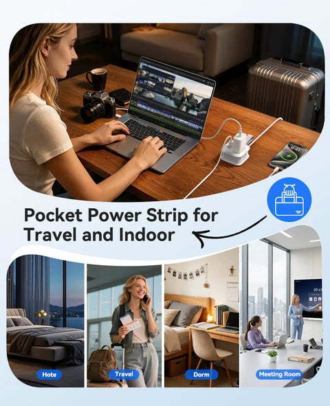 Road Trip Ready Compact Portable Power Strip Featuring Ridiculously Sleek Wrap Around Build And Plug Play 20W Pd Fast Charging Usb Ports in use at a desk.
