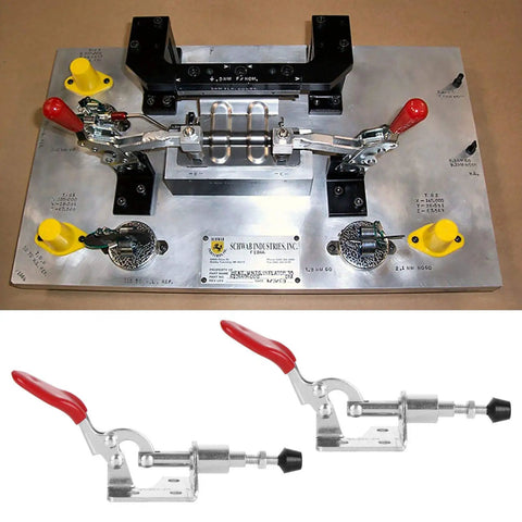 10 Pack Toggle Clamps Quick Release Pull Latch For Welding And Woodworking With Adjustable Rubber Grip and Flange Base Heavy Duty Flip Lock 99 Pound Rock Solid Hold on a metal jig with red handles.