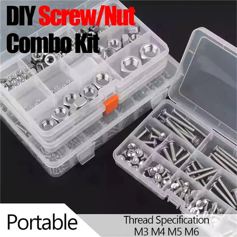 Boss Level Nuts And Bolts Screw And Washer Combo Kit For No Sweat Diy Furniture Household And Electronics Repair With Corrosion Resistant Anti Slip Coated Hardware in clear organizer boxes.
