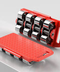 Heavy Duty Machine Dolly Low Profile Moving Cart With Thickened Steel Plate, showcasing red deck and multi-wheel design for easy transport.