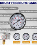 Robust pressure gauge for Hydraulic Nitrogen Pressure Test Set and Accumulator Charging Kit with three gauge sizes.