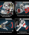 Mechanical Piranha Building Set With Multi Joint Linkage Fish That Works With Lego Animal Bricks Dope For Book Shelves Or Home Office Decor STEM Ocean Creature Toy For Boys Age 8 Plus Creative Gift For Fish Lovers, mouth open and fins swing