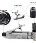 Heavy Duty 90 Degree Pneumatic Air Die Grinder With 0.3 HP Motor and Lightning Fast 20000 RPM Speed showing air inlet filter and 1/4" chuck.