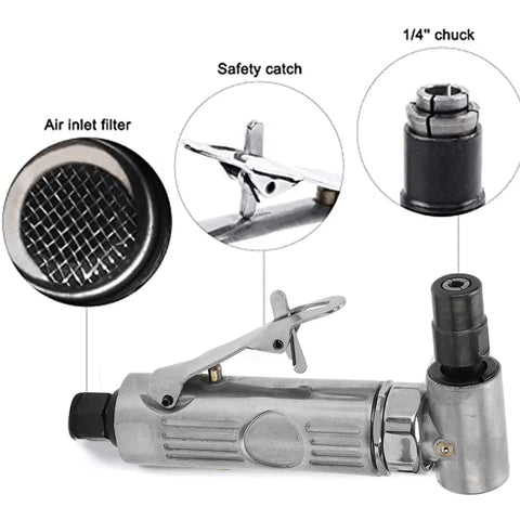 Heavy Duty 90 Degree Pneumatic Air Die Grinder With 0.3 HP Motor and Lightning Fast 20000 RPM Speed showing air inlet filter and 1/4" chuck.