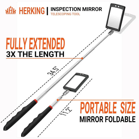 Telescoping Inspection Mirror With LED Light For Men Gift Square Mechanic Mirror Tool, extended view, black handle.