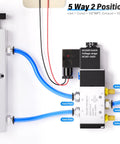 Two Position Five Way Solenoid Valve with Junction Box, AC220V, installed, showing vent, intake, and exhaust ports, 1/2 inch NPT.