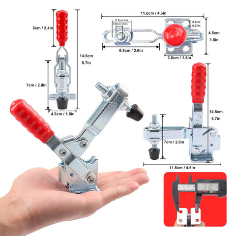 10 Pack Quick Release Horizontal Toggle Clamps Gh 12130 Heavy Duty Five Hundred Lbs Grip shown in hand with measurements for woodworking use.