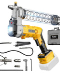 Cordless 12000 PSI Grease Gun With 39 Inch Hose, Dual Pistol And Inline Grip, Works With Bulk Or Cartridge Grease, Compatible With DeWalt 20V Batteries, Tool Only, shown with accessories and case