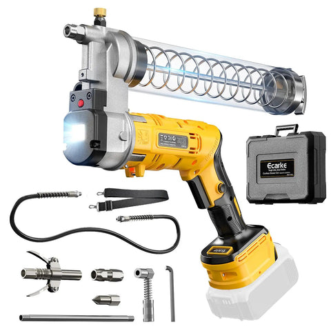 Cordless 12000 PSI Grease Gun With 39 Inch Hose, Dual Pistol And Inline Grip, Works With Bulk Or Cartridge Grease, Compatible With DeWalt 20V Batteries, Tool Only, shown with accessories and case