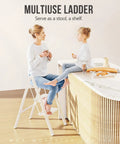 Mother and child using Three Step Folding Ladder For Home Use, Lightweight Aluminum Step Stool With Anti Slip Pedals as a seat