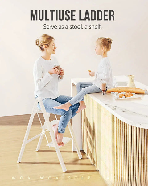 Mother and child using Three Step Folding Ladder For Home Use, Lightweight Aluminum Step Stool With Anti Slip Pedals as a seat