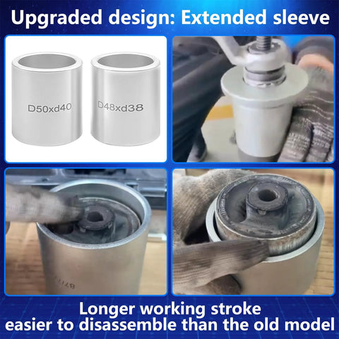 ZKTOOL universal pull/press sleeve kit; front shows two metal sleeves D50xD40 and D48xD38 with installed tool.