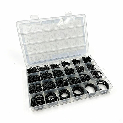 20 Size 1020 Pieces Nitrile Rubber O Ring Assortment Kit Universal Metric NBR Seals For Cars Auto Hydraulic Plumbing Pressure Washers Faucets And Air Or Gas Sealing Repair At Home, open box showing compartments with O-rings