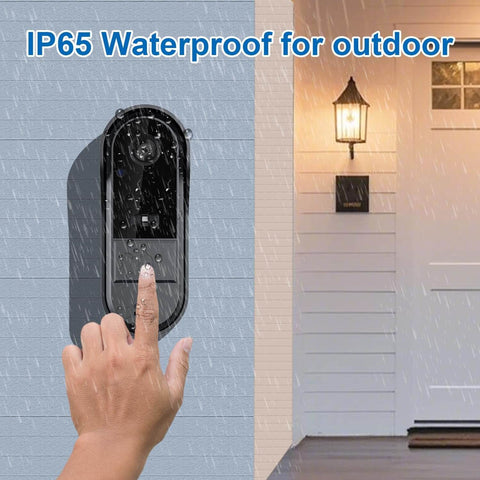 Wireless Video Doorbell With 4.3 Inch Screen And 170 Degree View No Subscription No WiFi No App IPX65 Weatherproof Door Camera With Two Way Intercom Easy 2.4G Bluetooth Setup And Quick Mount No Monthly Fee No Drama being installed outdoors on a rainy day.